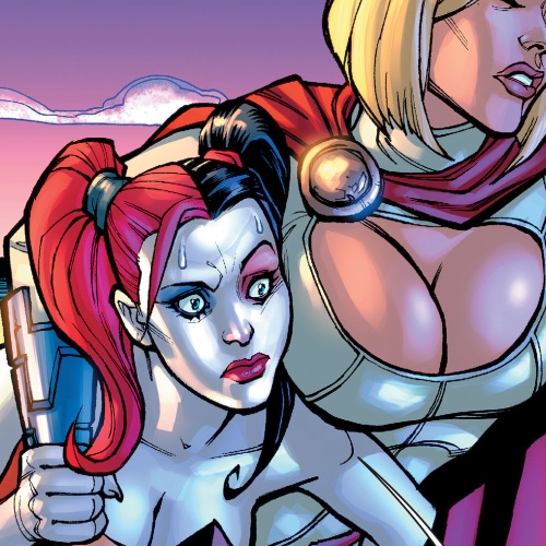 a closeup of harley quinn and power girl from dc comics. harley is on the bottom of the image, with power girl above her. harley's expression is one of fear or surprise, while power girl is smiling. harley is wearing her classic red and black jester costume with her signature red and black hair and white makeup. power girl is wearing her white and blue costume with a cape and a red belt. the two are in the middle of a fight or confrontation. the background is a blurred purple and blue sky.
