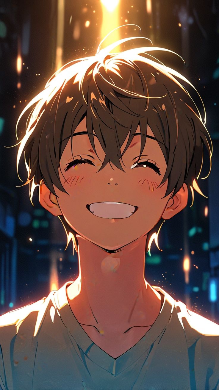 the image is a digital artwork depicting a closeup portrait of a smiling animestyle boy. he has short, brown hair with highlights catching the light.  his eyes are closed in a joyful expression, and his face is flushed with a rosy blush. he's wearing a simple, lightcolored vneck shirt. the background is a blurry, nighttime city scene with glowing lights creating a bokeh effect.  the overall mood is warm, cheerful, and peaceful.  the style is reminiscent of modern anime illustrations.
