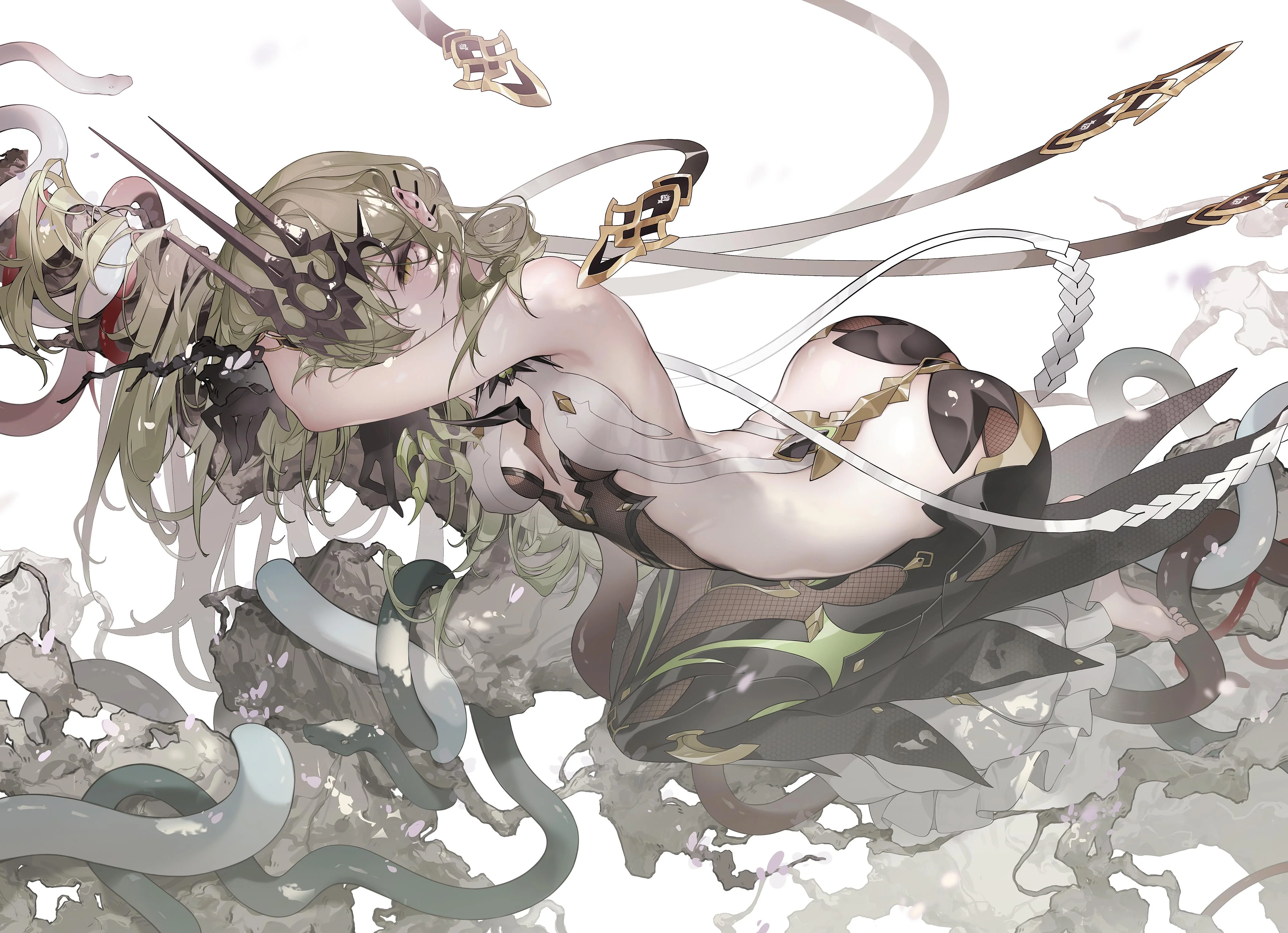the image showcases a female character, drawn in an anime style, entwined with serpentine creatures against a minimalist backdrop. the woman, seemingly in distress or perhaps in a moment of transformation, is the focal point of the artwork. her attire, a blend of dark, intricate patterns and sheer fabric, accentuates her figure while also suggesting a connection to the snakelike beings. the environment is ethereal and otherworldly, hinted at through swirling mist and the lack of a defined background. the soft lighting enhances the delicate nature of the scene, despite the underlying tension evident in the woman's posture and the presence of the snakes.