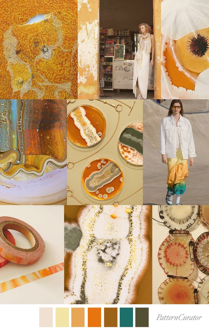a collage featuring a color palette along the bottom and various images above representing a specific aesthetic or mood. the images include textures of decay like peeling paint, images of mold in petri dishes, fashion models wearing clothing with colors that match the palette, abstract art with similar color schemes, and a roll of washi tape.