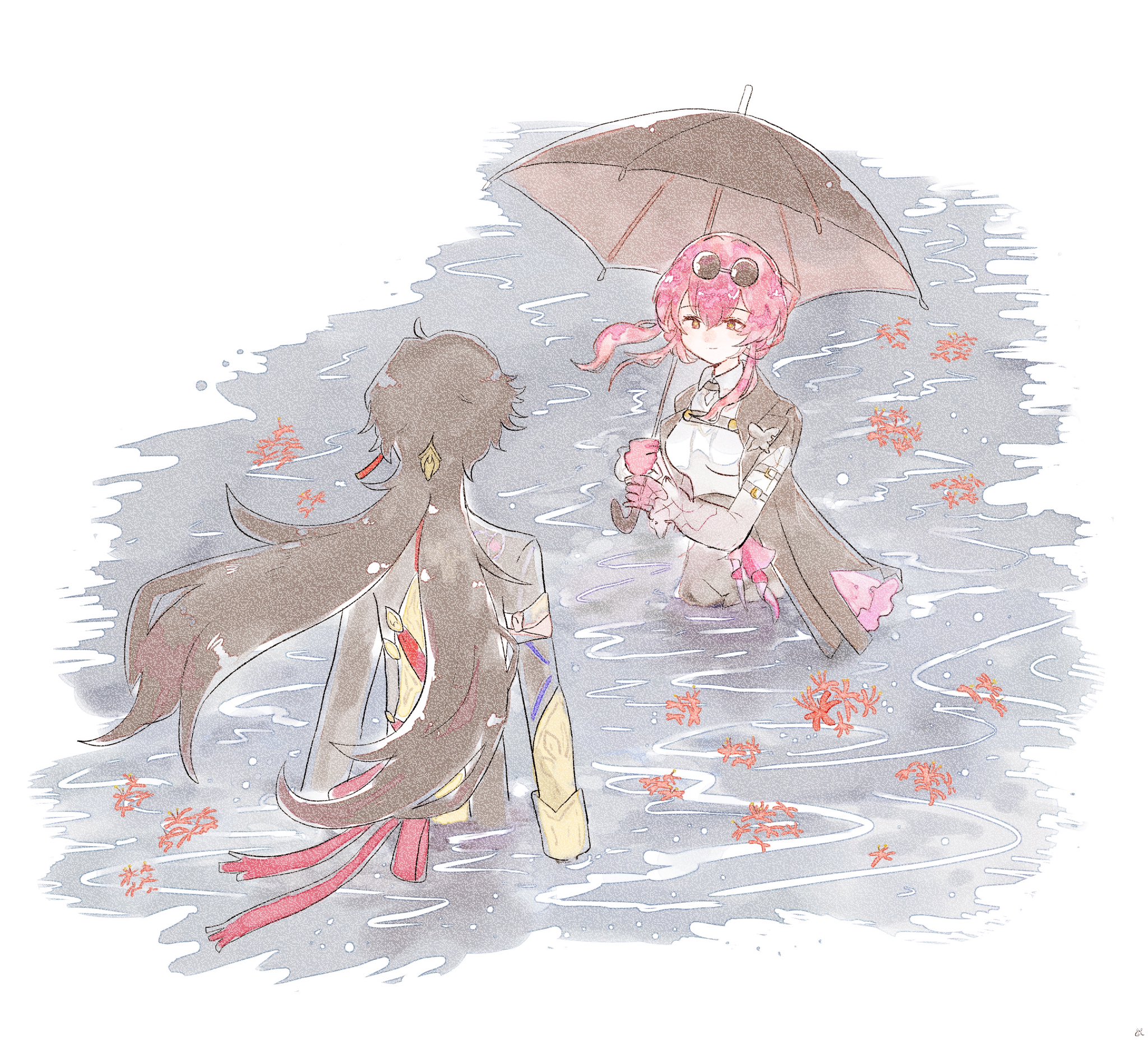 this is a watercolor illustration of a young couple standing in a body of water. the girl is standing with her back towards the viewer, holding an umbrella over her head. the boy is standing facing the girl, and is looking down at his hands. they are both wearing colorful clothing and have long hair. there are flowers floating around them, and the water is filled with raindrops. this image is drawn in a delicate and beautiful style, with a touch of melancholy. it suggests a deep bond between the two characters.