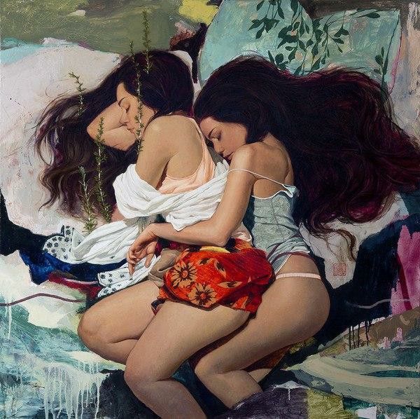 the image is a painting of two women sleeping and hugging. they are lying on a bed with pillows and sheets. the woman on the left is wearing a peachcolored tank top and a white sheet is draped over her. the woman on the right is wearing a pale blue top with thin straps and a red floral skirt. both women have long, dark brunette hair. the overall mood is one of tenderness and affection. the style is impressionistic, with visible brushstrokes and a slightly dreamlike quality.