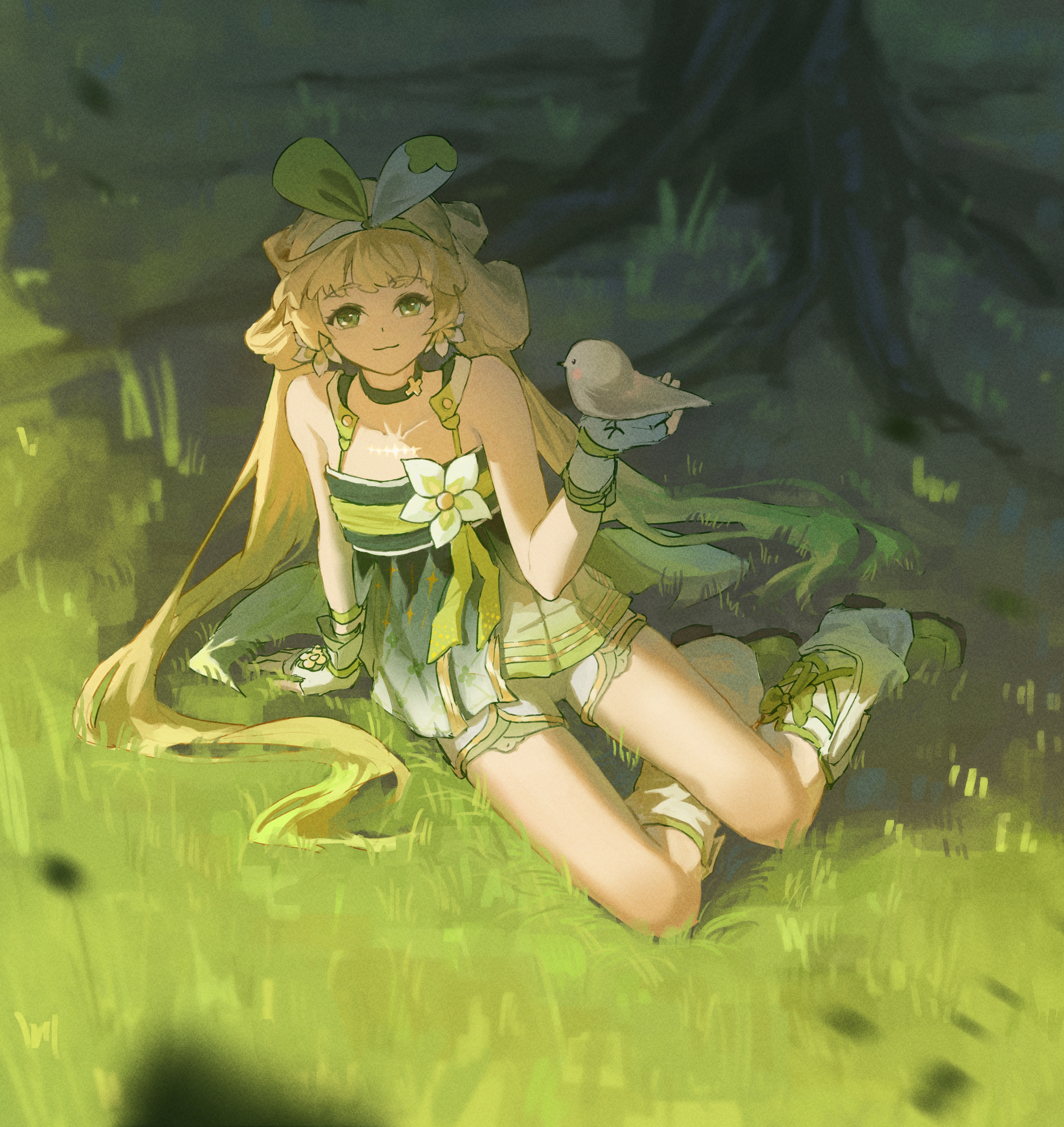 the illustration features a blonde anime girl lounging gracefully in the sundappled grass beneath a large tree.  she has green eyes and wears a cheerful yellow and green outfit adorned with a large flower. her long blonde hair cascades around her as she gently holds a small white bird on one hand. the scene evokes a sense of tranquility and connection with nature.