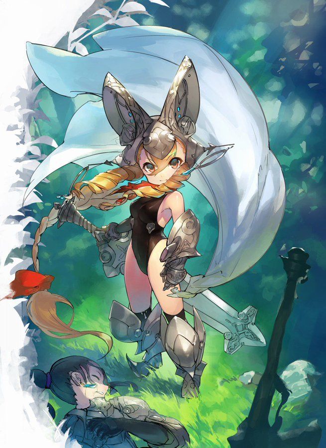 a vibrant animestyle illustration features a young female warrior in a fantasy setting. she wears silver armor including a helmet with large, pointed bunny ears, knee guards, and arm guards. the warrior has a black leotard and carries a sword in one hand and a whiplike weapon in the other. a large white cape billows behind her. her blonde hair is styled in a curly ponytail tied with a red ribbon. the background suggests a forest with green and blue hues. at the bottom of the image, a fallen figure lies prone, suggesting a recent battle. a dark staff leans to the side. the artwork is highly stylized and detailed.