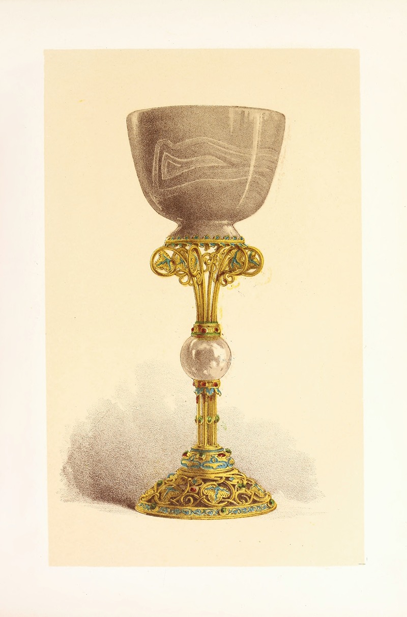 an illustration depicts a chalice, which is a religious vessel often used for wine during communion or similar rituals. the chalice consists of a large, stonelike cup on top, a golden stem, and an ornately decorated base. the cup itself is smooth with natural patterns or waves evident in the material. the stem is adorned with golden embellishments, including what appears to be a pearl or sphere at the center. the base is wide and also highly decorated with golden designs and what appear to be jewels or colored inlays, likely enamel or gemstones. the backdrop is a plain offwhite, giving prominence to the chalice as the central subject. the overall aesthetic is antique or vintage, suggesting the chalice is a valuable or historically significant artifact.