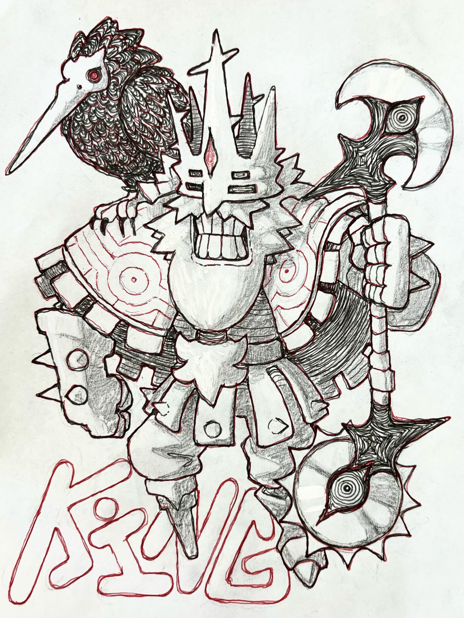 a pencil drawing of a fantasy warrior king character. the king has a large white beard, sharp teeth, and wears a crown. a large black bird, possibly a raven or crow, perches on his shoulder. the king wears ornate armor with circular details and wields a large axe with a circular blade. the name "kevbo" is written below the character in red.