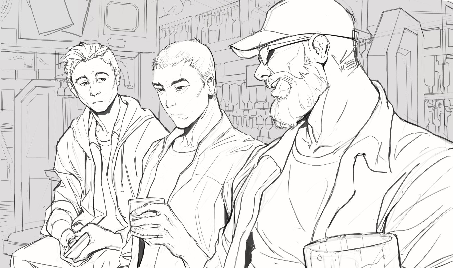 a detailed pencil sketch depicts three men seated at a bar. the man on the far left appears young, with a pensive expression. the central man is slightly younger, looking contemplative. the man on the right is older, possibly middleaged, with a beard and a baseball cap, appearing relaxed and jovial. the setting is a traditional bar, suggested by the background showing bottles and shelves. the sketch emphasizes the characters' expressions and poses, capturing a moment of conversation or quiet contemplation. the style is realistic, with careful attention to detail in the faces and clothing.  the overall tone is casual and relaxed.