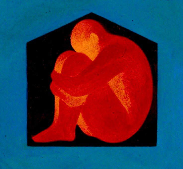 a painting of a red silhouette of a woman sitting curled up in a dark houseshaped frame. the painting is against a blue background. the woman's pose and the dark frame suggest loneliness and sadness. the title of the painting is "inside". the image depicts a person who is feeling isolated and alone, and who is seeking comfort and refuge.  the image is a powerful representation of mental health struggles, and the feeling of being trapped inside your own mind.