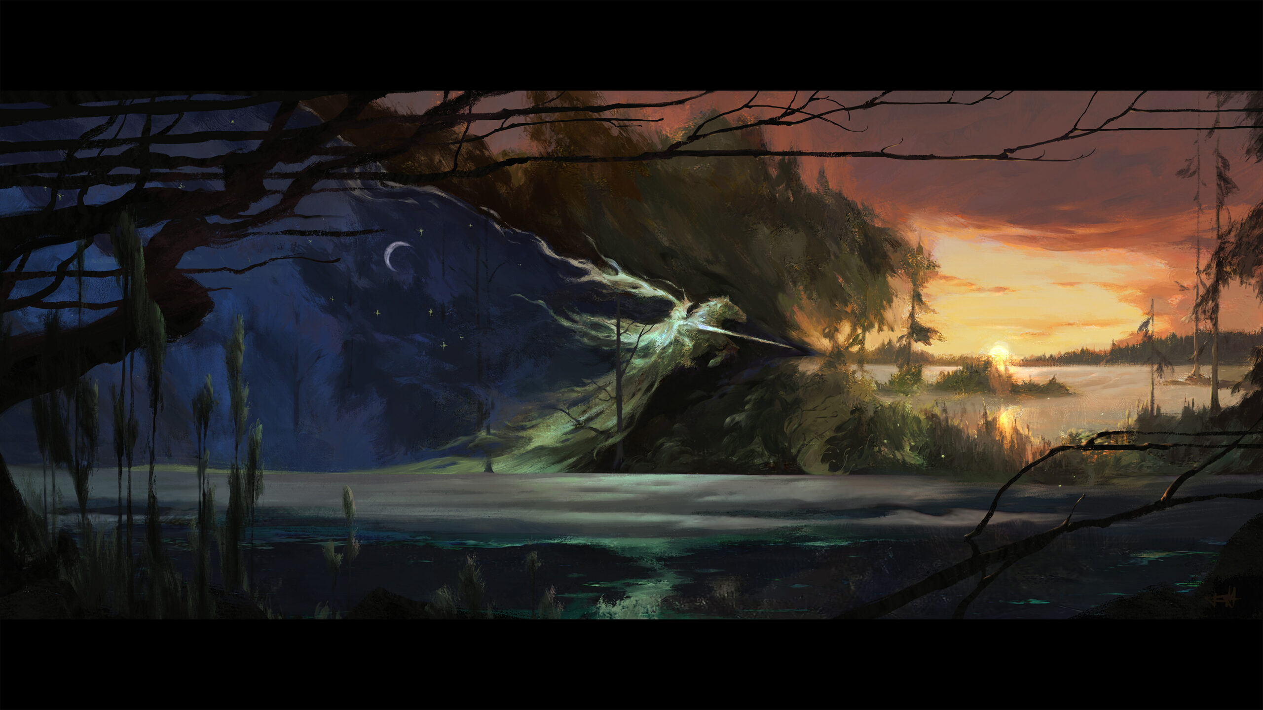 the image showcases a split scene of night and day. on the left, a magical blue orb, reminiscent of a night sky with stars and a crescent moon, dominates the scene, illuminating the surrounding dark forest and a still body of water. on the right, a warm sunset casts an orange glow over a serene lake dotted with islands and surrounded by a silhouetted forest. the two contrasting scenes are separated by a burst of bright light emanating from behind a hill.  branches with bare leaves frame the top of the image, adding to the mystical and somewhat eerie atmosphere.