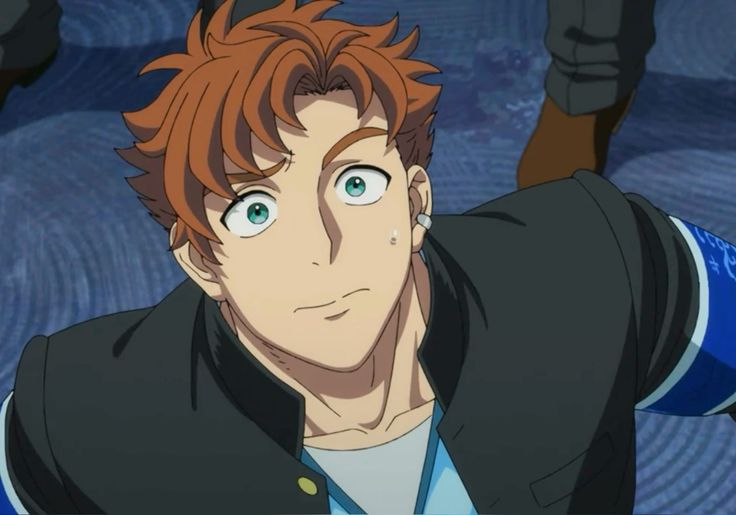 a close up of an anime character from the chest up. he is looking up with a surprised look on his face. he has brown hair and green eyes. he is wearing a black jacket with blue trim and a white shirt. he has an earring in his left ear. the background is a blurry blue and white.