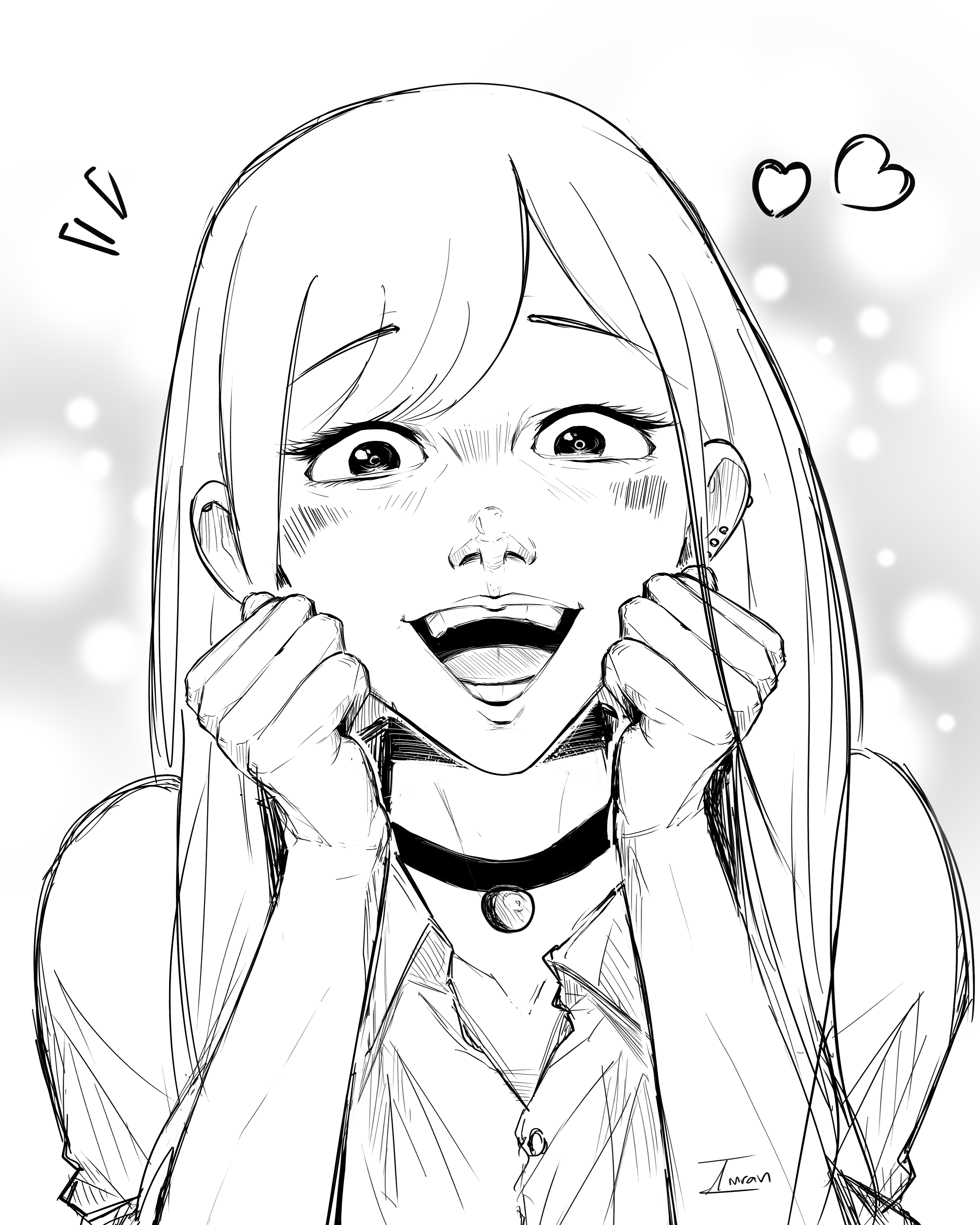 this is a sketch of an anime girl with long hair and a black choker. she is smiling and blushing, with hearts around her head. she appears to be happy and surprised.