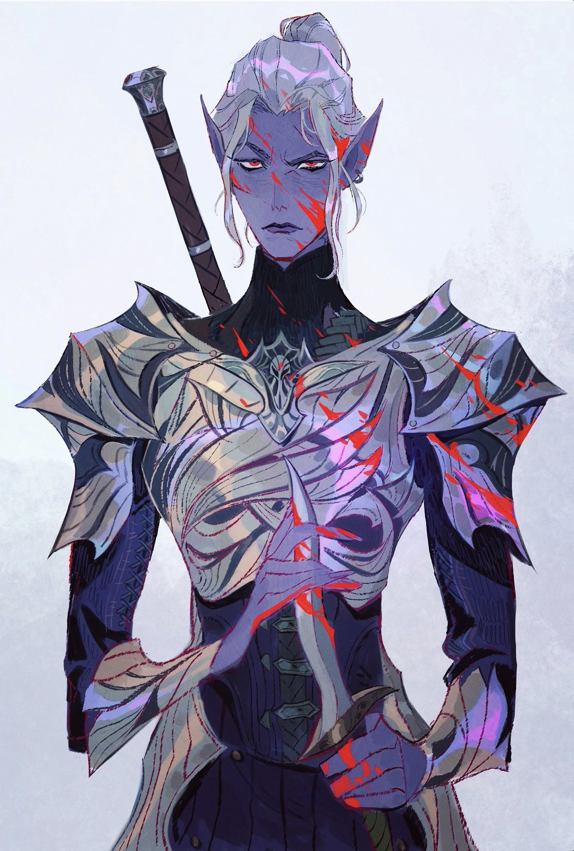 a digital art illustration of an elf warrior character. the elf is wearing armor and carrying a sword and dagger. they have a serious expression on their face and are covered in blood. their hair is white, and they have pointed ears. the background is grey and white.