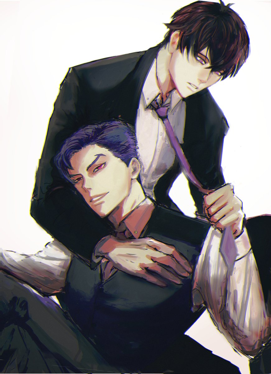 two handsome anime men in suits are embracing. the man on