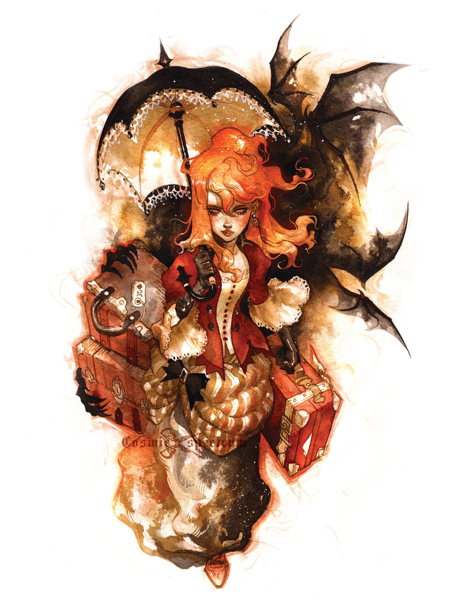 the image is a watercolor painting depicting a young woman with fiery red hair dressed in a victorianera style outfit.  she's carrying several antiquelooking suitcases and trunks.  she's partially obscured by a large dark, batlike wing and a lacetrimmed parasol. the overall style is a blend of steampunk and gothic aesthetics. the colors are primarily sepia tones and reddishbrowns, creating a mysterious and somewhat ethereal atmosphere. the artist's signature, "cosmixillustration," is subtly visible in the lower middle of the painting. the style is highly detailed and shows a lot of skill in watercolor technique.