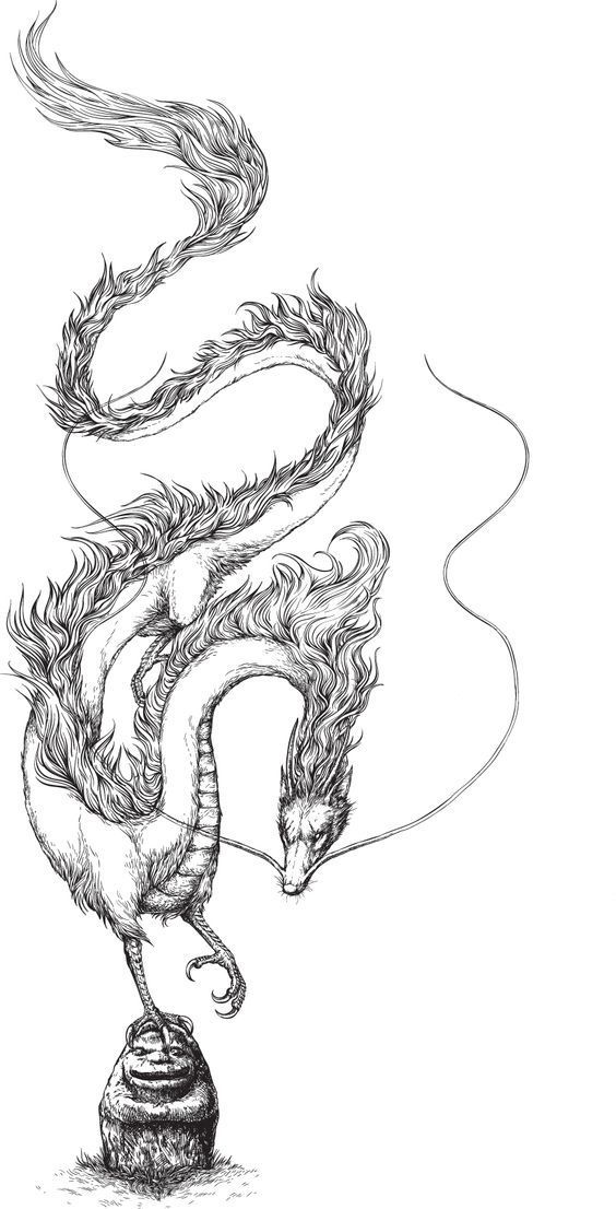 a detailed black and white illustration of a chinesestyle dragon standing on a small rock sculpture. the dragon has a long, feathered tail and body, and its head has flowing feathers resembling hair. the image is in line art style.