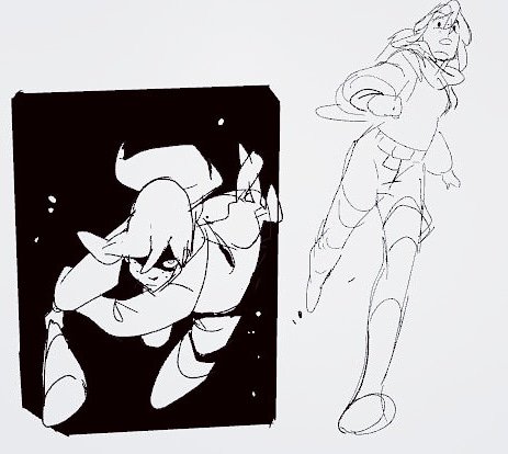 the image features two animestyle drawings, one on the left and one on the right, both showcasing female characters in dynamic poses. the left drawing is of a character with a strong silhouette, their pose emphasizing movement and action. the right drawing depicts a character with a more slender physique, emphasizing their speed and energy. both characters are drawn in a distinctive style with bold lines and clear contrasts between black and white. the artist's use of dynamic lines and expressive poses creates a sense of energy and action in both drawings, highlighting the characters' personalities and movements.