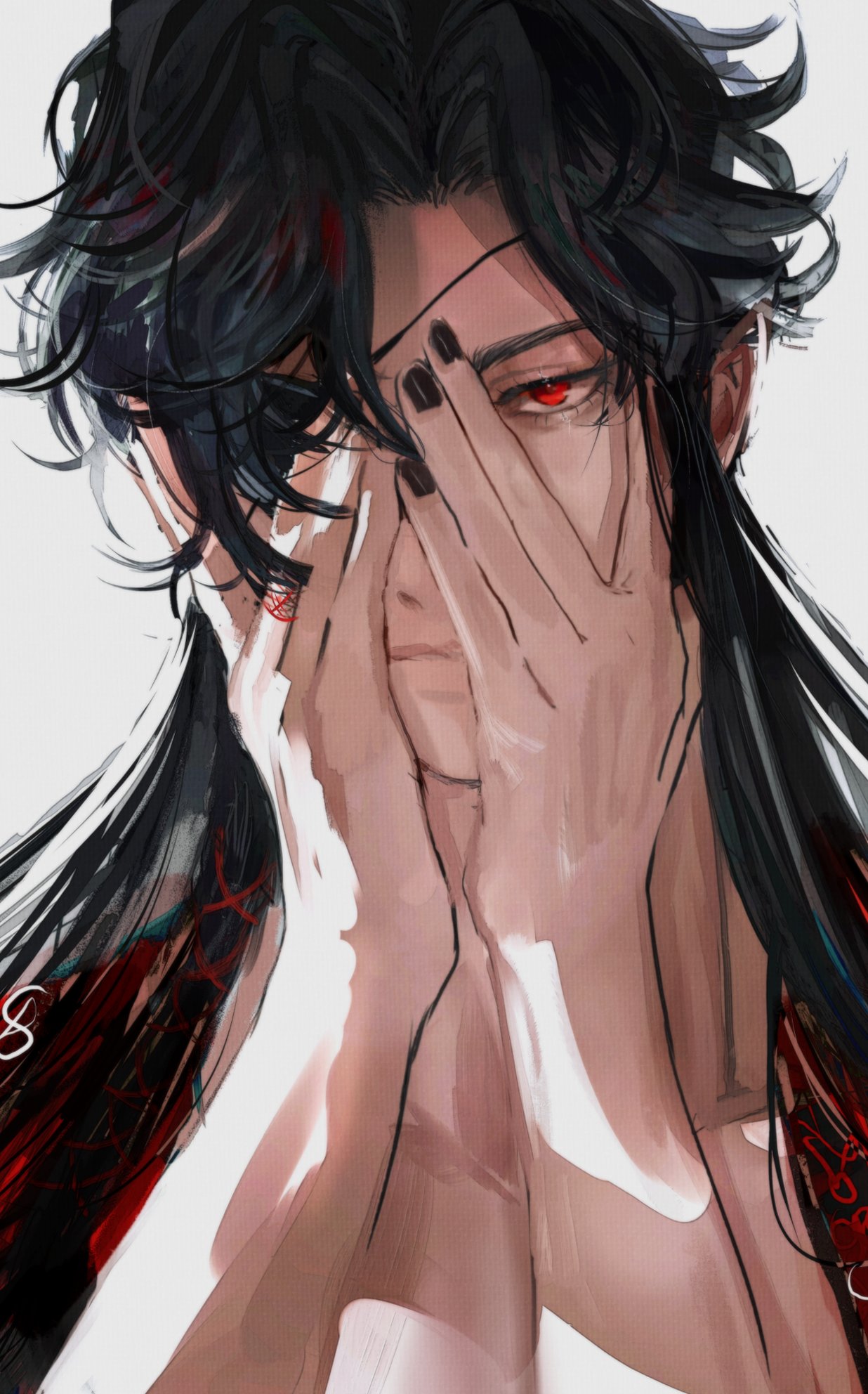 the image is a digital illustration of an animestyle male character with long black hair and red eyes. the character is wearing a darkcolored kimono and has a black eyepatch covering his left eye. the character is covering his face with his hands, and he appears to be sad or depressed. the background is a white gradient, which creates a sense of isolation and loneliness. the image is drawn in a very detailed and realistic style, with a focus on the character's facial expressions and emotions. the use of light and shadow adds depth and dimension to the image, and the overall aesthetic is dark, mysterious, and emotional.