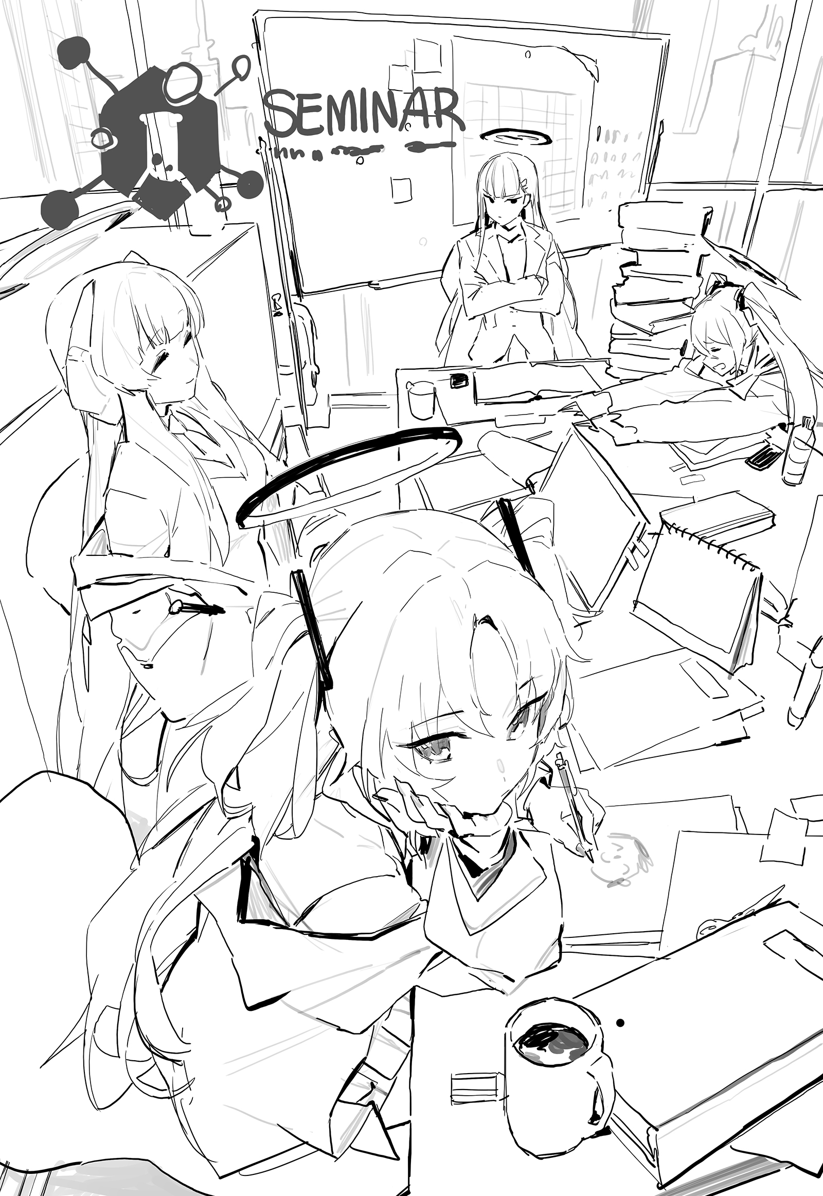 the image is a black and white sketch or drawing in an anime/manga style. it depicts a group of female students in a messy seminar room or classroom.  they are sitting around a cluttered desk with books, papers, and a coffee cup. one girl is prominently featured in the foreground, looking down, possibly sketching or studying.  another girl is sitting with her arms crossed, while a third appears to be sleeping or resting.  the overall impression is of a chaotic but studious atmosphere. the word "seminar" is written on a whiteboard in the background.  the style is loose and expressive, typical of quick sketches or concept art. some of the characters have halos drawn above their heads.