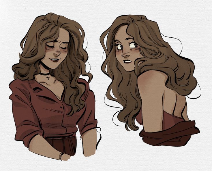 this is a digital illustration of a woman. she has long wavy brown hair and is wearing a red top. she's depicted in two different views, both with subtle variations in facial expression and hair style. the background is a plain white.
