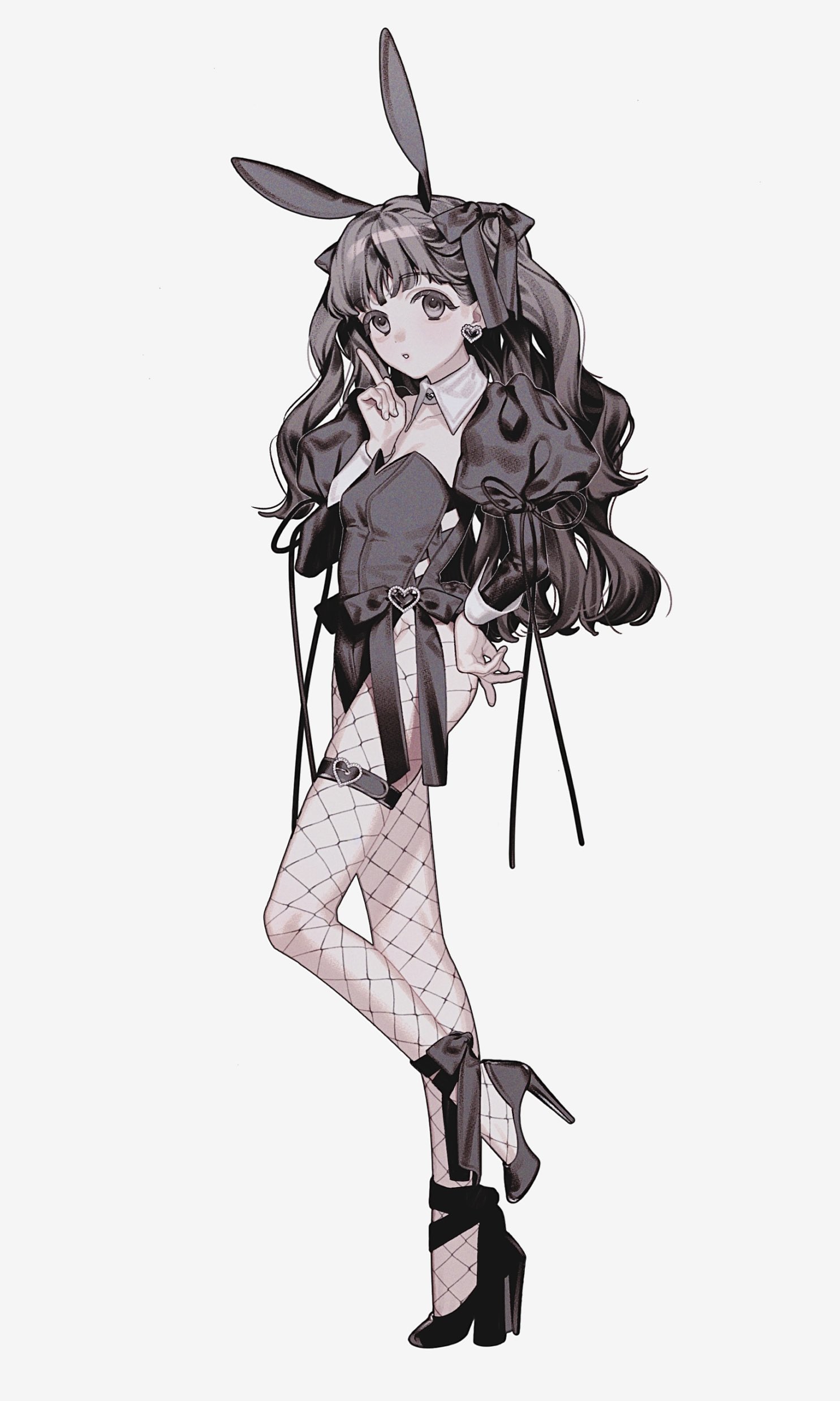the image is a stylized digital drawing of an animestyle girl. she's dressed in a darkcolored bunny girl outfit, which includes a black bodysuit, bunny ears, and fishnet stockings.  she's wearing highheeled shoes and has long, dark hair styled in loose curls. her pose is somewhat suggestive, with one leg slightly bent, but the overall mood is more elegant and playful than overtly sexual. the art style is characterized by soft lines, subtle shading, and a muted color palette, which contributes to a somewhat gothic or dark aesthetic. the overall impression is one of a stylish and cute anime character in a bunnythemed costume.
