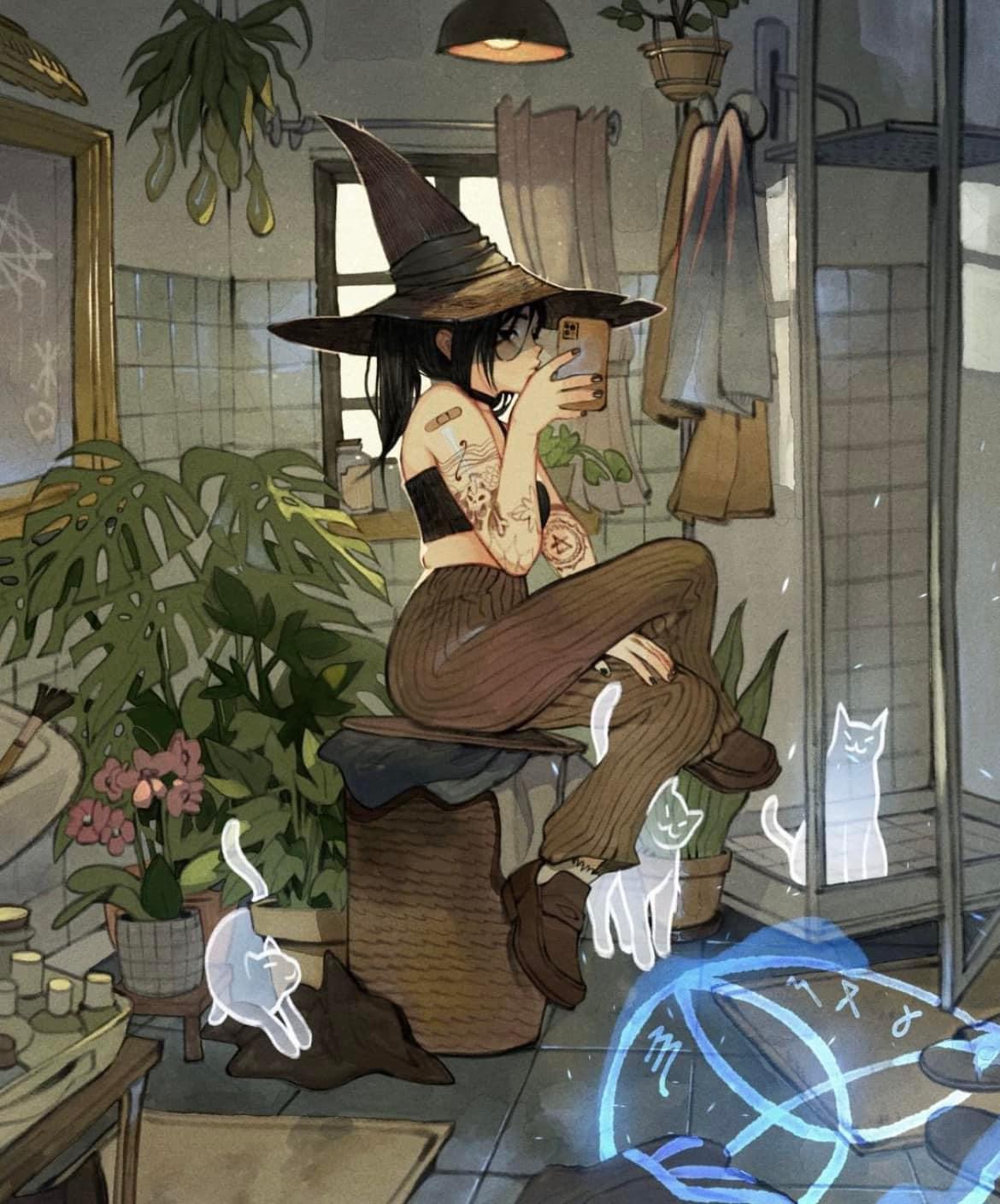 this digital illustration is a whimsical and cute depiction of a witch girl sitting in a bathroom setting, surrounded by plants and cats.  she is wearing a black witch hat, brown pants, and has a tattoo on her arm.  the witch is holding a phone and looking at it.  a magic circle is on the floor in front of her.  the cats are floating around in a ghostly fashion.  there is a plant in the corner of the bathroom and a towel rack on the wall.  the illustration is done in a anime/manga style.