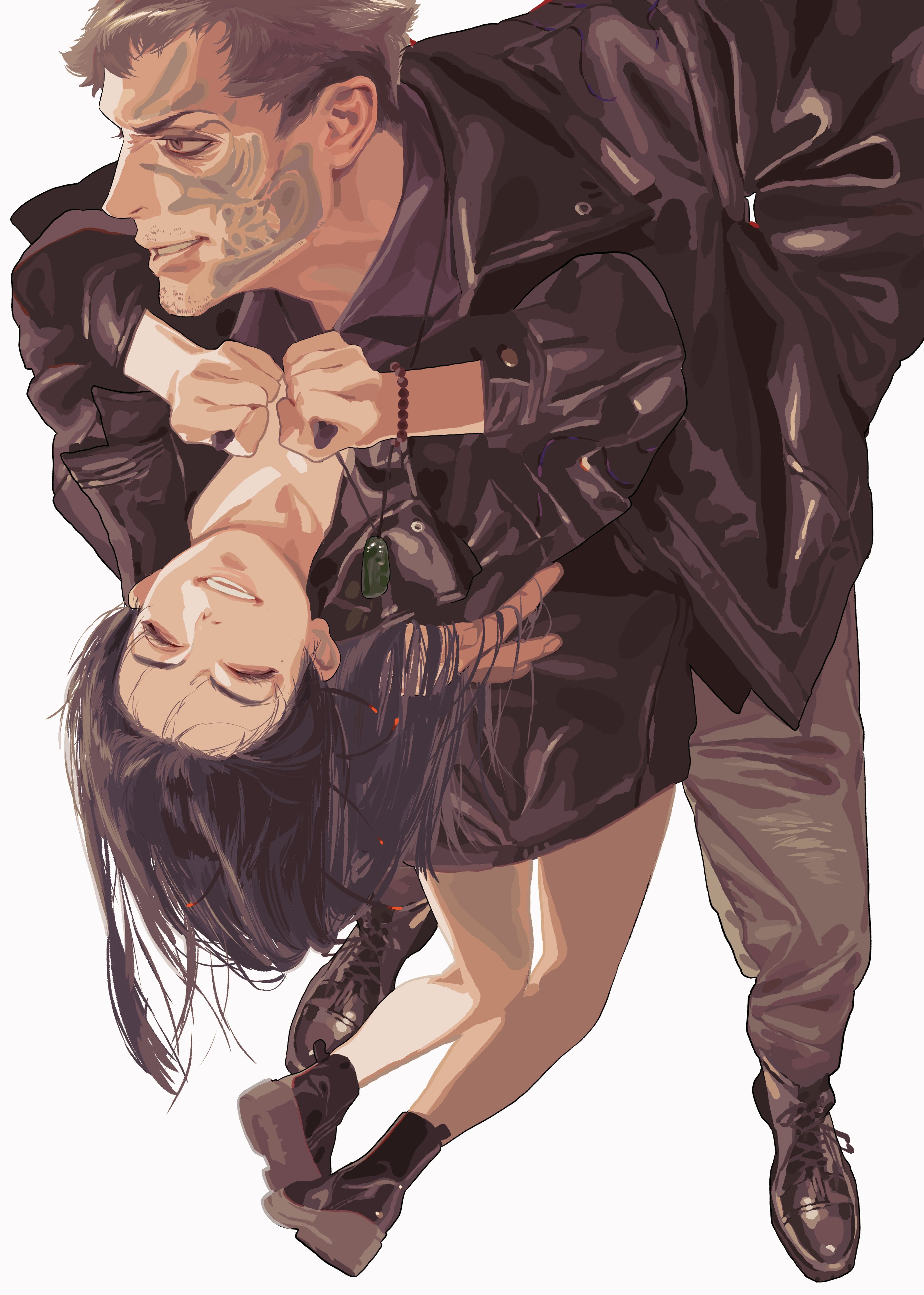 the image is a digital art illustration of a man holding a woman in an embrace. the man is on top, wearing a leather jacket and light grey pants. he has grey hair and noticeable scars on his face. the woman is hanging upside down in his arms, wearing a dark dress and boots. she has dark hair and a necklace with a green pendant. they appear to be deeply connected and in love.