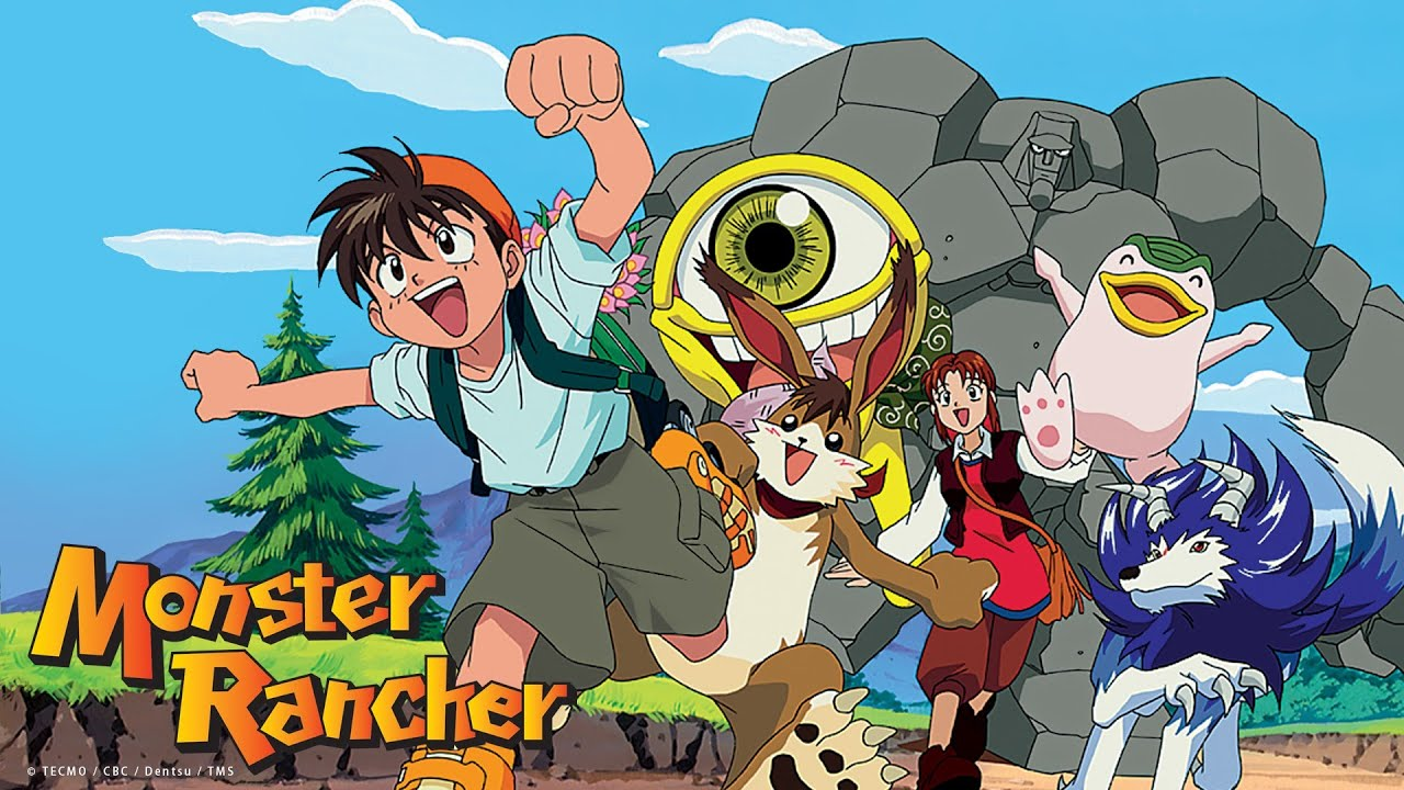the image features promotional art for the anime series "monster rancher."  it shows a group of four characters, including a young boy with brown hair and a backpack, a girl with long red hair, a small, yellow rabbitlike creature with a large eye, and a larger blue wolflike creature. they are posed in front of a backdrop of a forest, mountains, and a blue sky. a large, gray rock monster and a pink, bloblike creature with wings are also partially visible behind the main characters. the overall tone of the image is bright, cheerful, and adventurous.