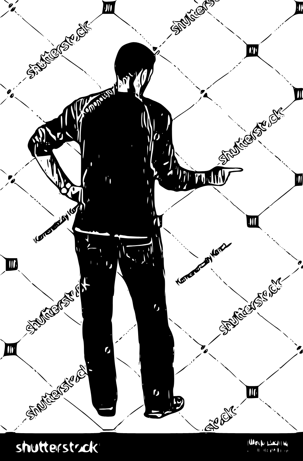 a black and white sketch of a man standing in front of a wall with a diamond pattern. the man is facing away from the viewer and is wearing a jacket and pants. the drawing is minimalist and simple.