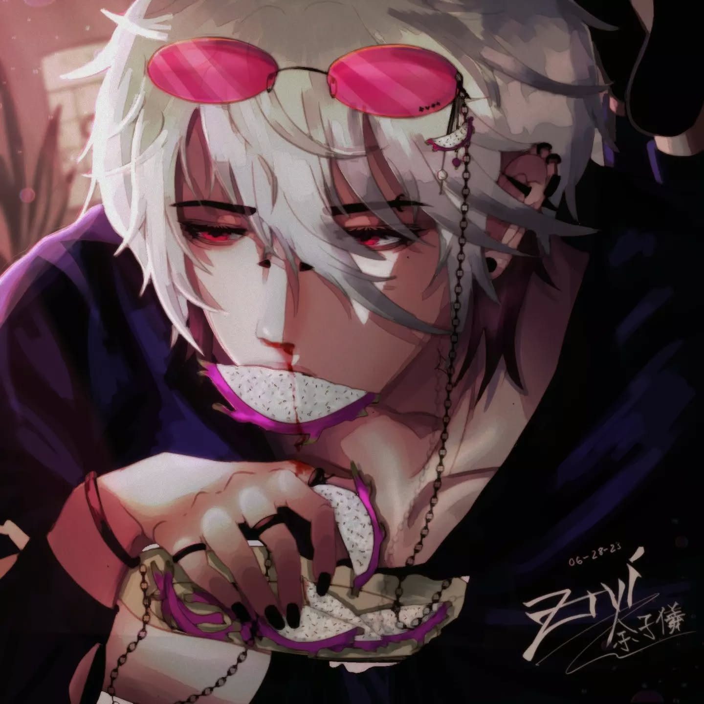 the image is a digital fanart depicting a stylized animestyle male character with long, white hair. he's wearing dark clothing, pink sunglasses, and a necklace. he has piercings and a bloody nose, and is shown eating a dragon fruit. the style is dark and dramatic, with intense lighting and a focus on detail. the overall mood is edgy and slightly melancholic. the artist's signature is visible in the bottom right corner.