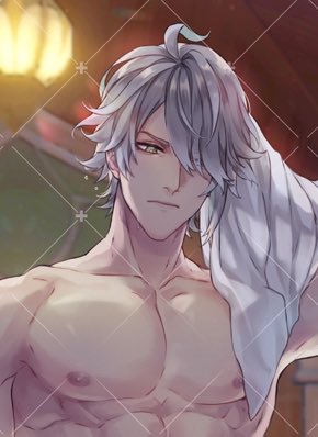 this is a digital illustration of a shirtless anime man with white hair. he is using a towel to wipe himself off, and has a serious expression on his face.