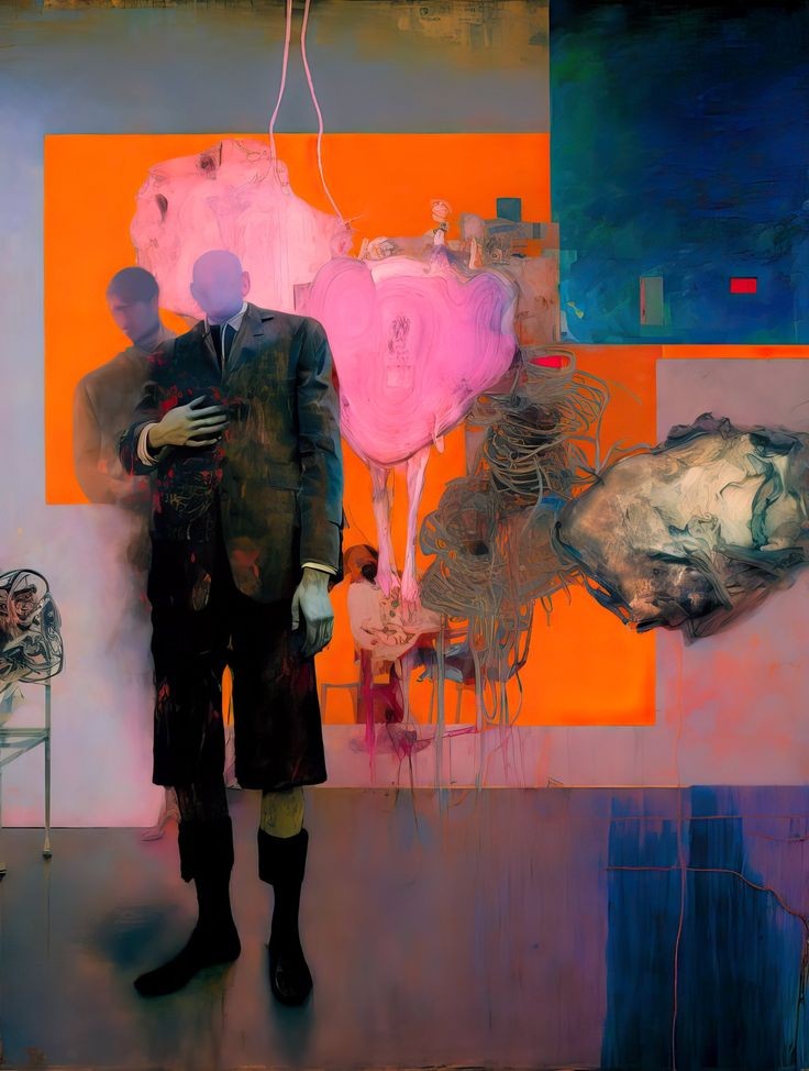 a surreal and abstract painting featuring a headless figure in a suit with a second translucent figure standing behind him. the background consists of an orange square and a blue block. there is a pink cloudlike shape and a mass of tangled lines above and to the right of the figure. a chair with a ghostly figure is also visible. the overall style is distorted and uses muted colors.