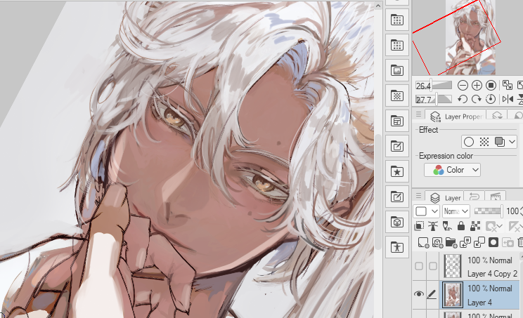 this is a digital illustration of an anime character. the character is a young man with white hair and blue eyes. he is looking to the side, with a hand on his chin. he is seemingly lost in thought. the art style is soft and gentle, with pastel colors. the image is also showing the editing software layer panel. the character is in the lower left of the image, with the layer panel on the right side.