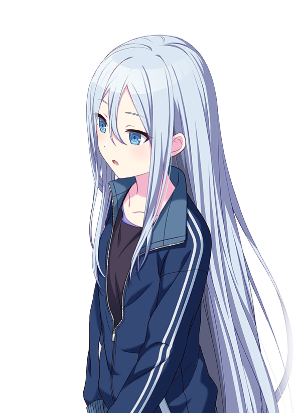anime girl with long white hair and blue eyes. she is wearing a dark blue jacket with white stripes on the sleeves and a dark shirt underneath. the background is black.