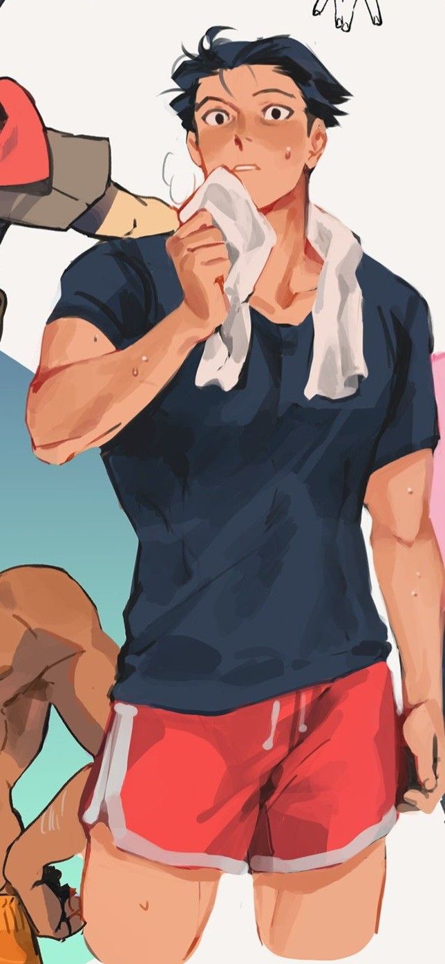 the image is a stylized illustration or fanart of a young man, possibly an anime or manga character. he appears to be an athlete or someone who has just finished exercising. he is wiping sweat from his face with a white towel and is wearing a dark blue tshirt and red athletic shorts with white stripes. his body is visibly toned and muscular.  the style is semirealistic with a slightly painterly approach, showcasing vibrant colors. the background is simple and partially visible, featuring other figures that are less defined. the overall vibe is energetic and summery.