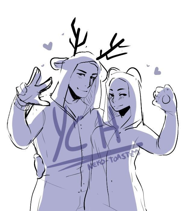 this is a sketch of a couple wearing reindeer antlers and smiling. the sketch is done in a manga style. they look cute and happy.