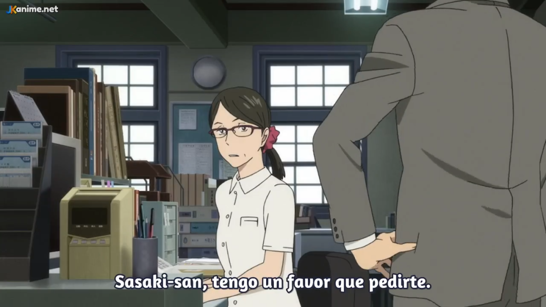 the image depicts a scene from an anime set in an office.  a man, partially visible from the back, is addressing a female coworker named sasakisan. he appears to be asking her for a favor. sasaki, wearing a white shortsleeved uniform and glasses, looks towards him with a neutral expression. the office setting is tidy, with a desk, shelves filled with files and folders, and a window letting in soft, natural light. the overall color scheme leans towards muted grays and blues, contributing to a professional and slightly subdued atmosphere.