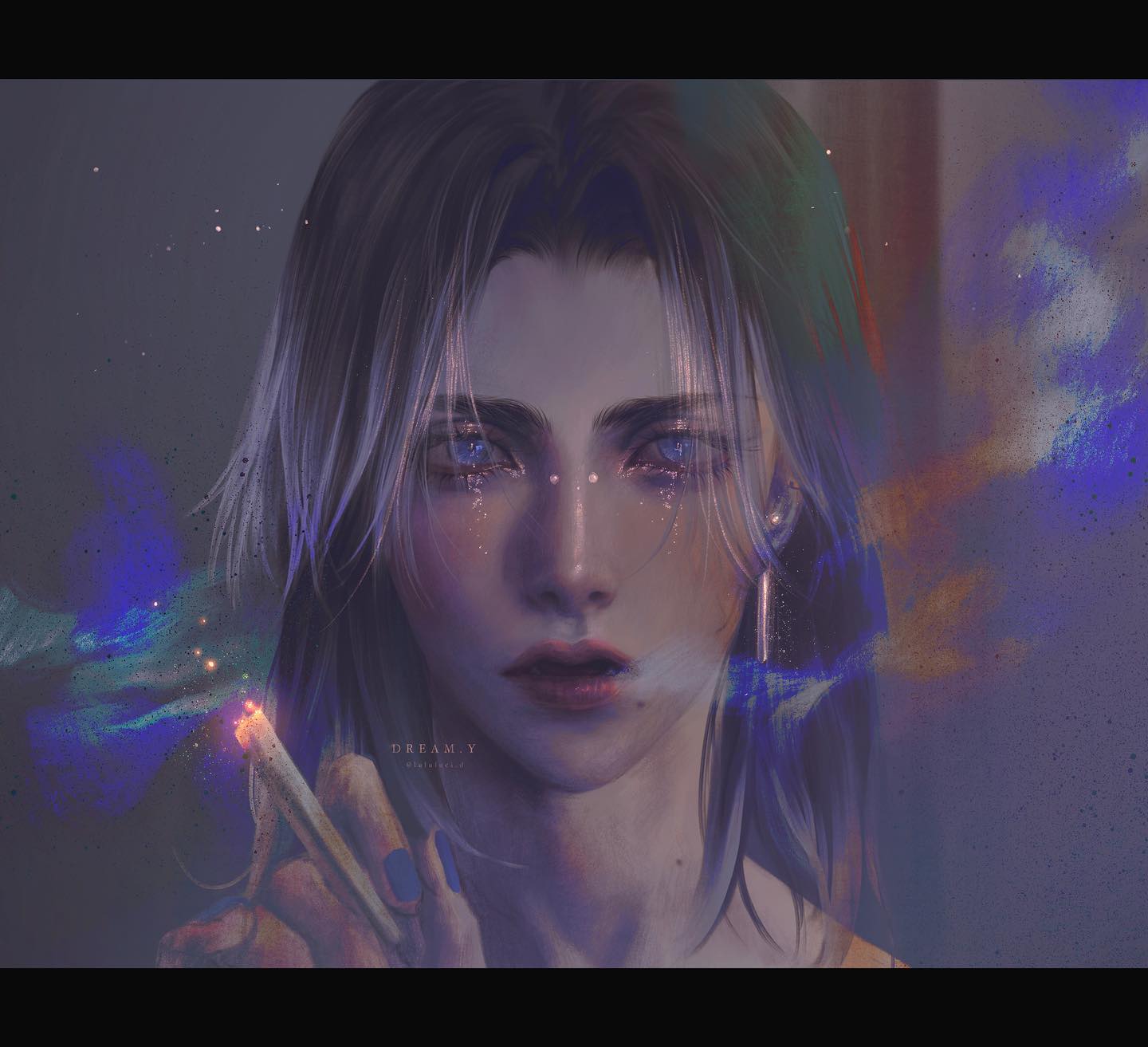 a digitally illustrated portrait of a woman with flowing silver hair and captivating blue eyes. she holds a lit cigarette, and her gaze seems to pierce through the viewer. surrounding her head is an ethereal swirl of blue smoke and shimmering sparkles.  the scene is predominantly in shades of blue, creating a dreamy yet melancholic atmosphere.