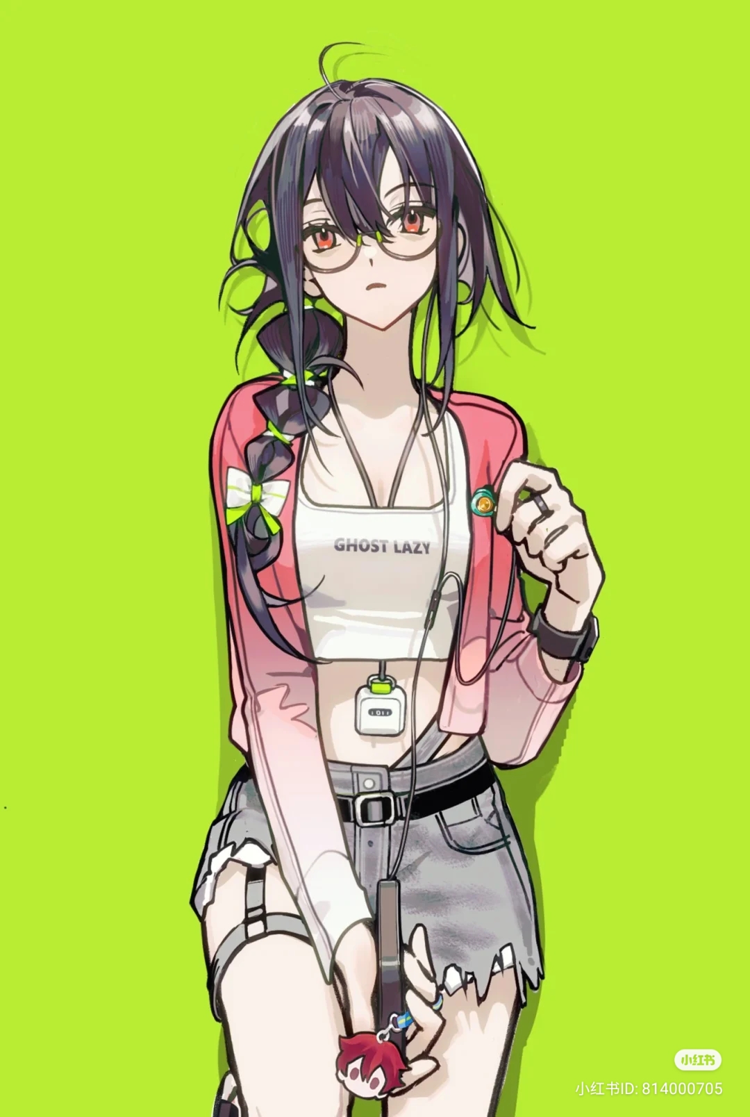 the illustration features a single anime girl against a vibrant green backdrop. she sports a trendy ensemble: a red cardigan draped over a white cropped top that reads "ghost lazy," complemented by denim shorts. her style is further accentuated by a pair of stylish glasses and her dark hair styled in a ponytail.  the girl gazes directly at the viewer, a confident aura about her.  her attire and the overall aesthetic hint at a modern, perhaps slightly rebellious personality.
