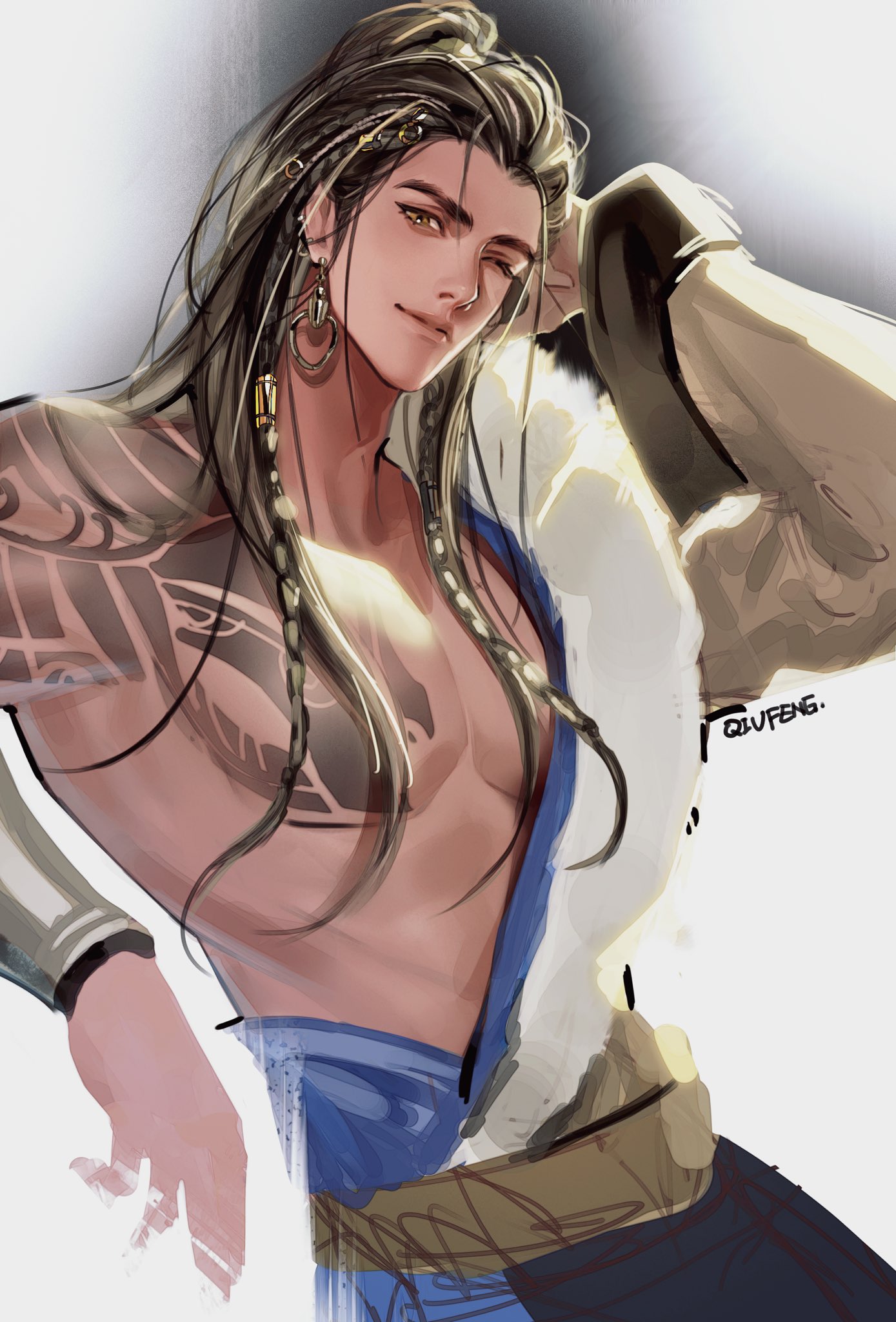 a digital art illustration of a handsome man with long brown hair in braids, he has a tattoo on his chest, he is wearing a blue and white outfit, and a gold belt. he is looking off to the side with a slight smirk on his face.