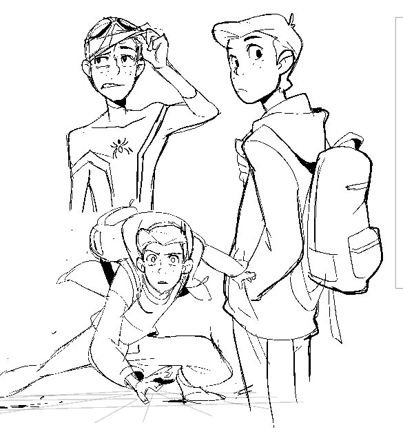 this is a black and white comic art illustration of three boys. one boy is a superhero and is wearing a mask, the other boy is wearing a backpack and is looking at the camera, and the third boy is crouching down and looking at the camera, possibly spying.