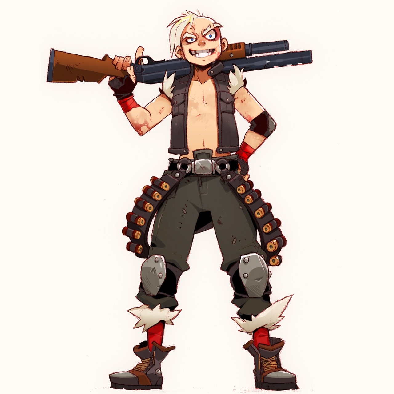 a cartoon drawing of a man standing facing forward, grinning menacingly at the viewer. he has pale skin, spiky blond hair, and red markings around one of his eyes. he is dressed in postapocalyptic style clothing: a furlined vest, torn pants, spiked wrist cuffs, knee pads, and thick boots.  he has shotgun shells strapped to his waist and legs. he is holding a large doublebarreled shotgun over his shoulder.