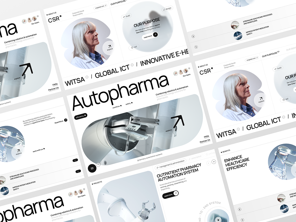this is a promotional image for a company called witssa, a global ict company that specializes in innovative solutions for the pharmaceutical industry. the image showcases their use of robotics and automation to enhance efficiency and streamline processes in outpatient pharmacies. there are multiple panels that show key features of their services and solutions. some of the panels showcase the company's commitment to social responsibility and its mission to help pharmacies spend less time on manual tasks and focus on patient care. the overall image is visually appealing and conveys the company's focus on innovation and technology.
