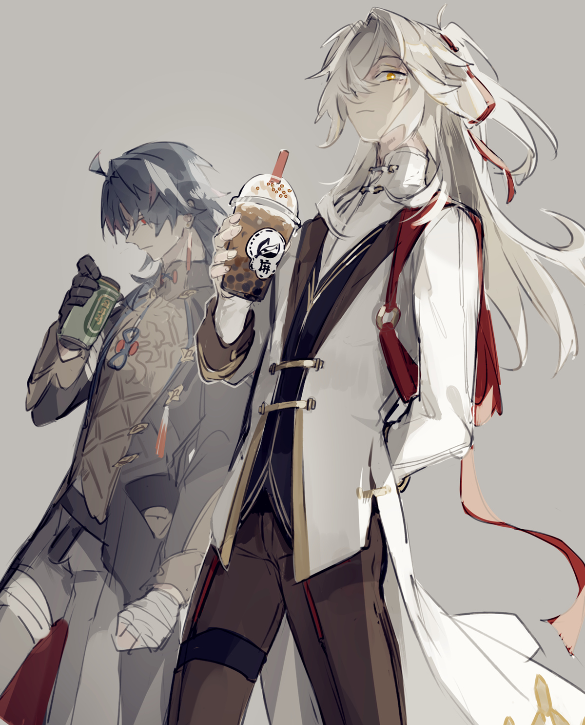 two anime characters, one with white hair and the other with black hair, stand side by side in a gray background. the character with white hair is holding a brown drink with a straw and wearing white longsleeve clothing with red accents. the character with black hair is holding a green drink with a straw and wearing a black and brown outfit. the drawing is done in a manga style.