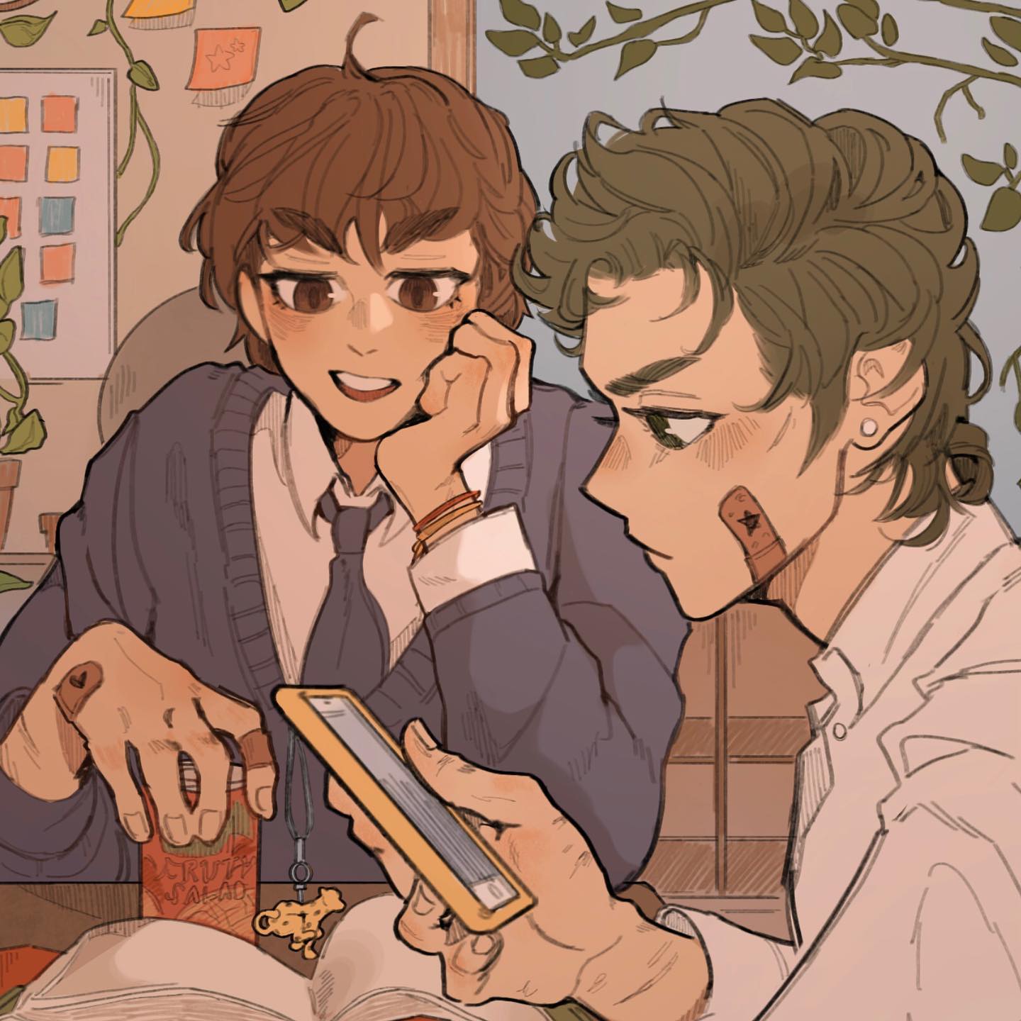 a digital drawing depicting two animestyle male teenagers sitting at a table, studying. one has brown hair and wears a sweater and tie; the other has green hair and wears a lightcolored shirt. they are looking at a phone together, books are on the table in front of them, and plants and vines are visible in the background. the style is soft and pastelcolored, with a cozy and warm atmosphere.  one of the boys has a small bandaid on his face.  the image has an overall friendly and sweet tone.