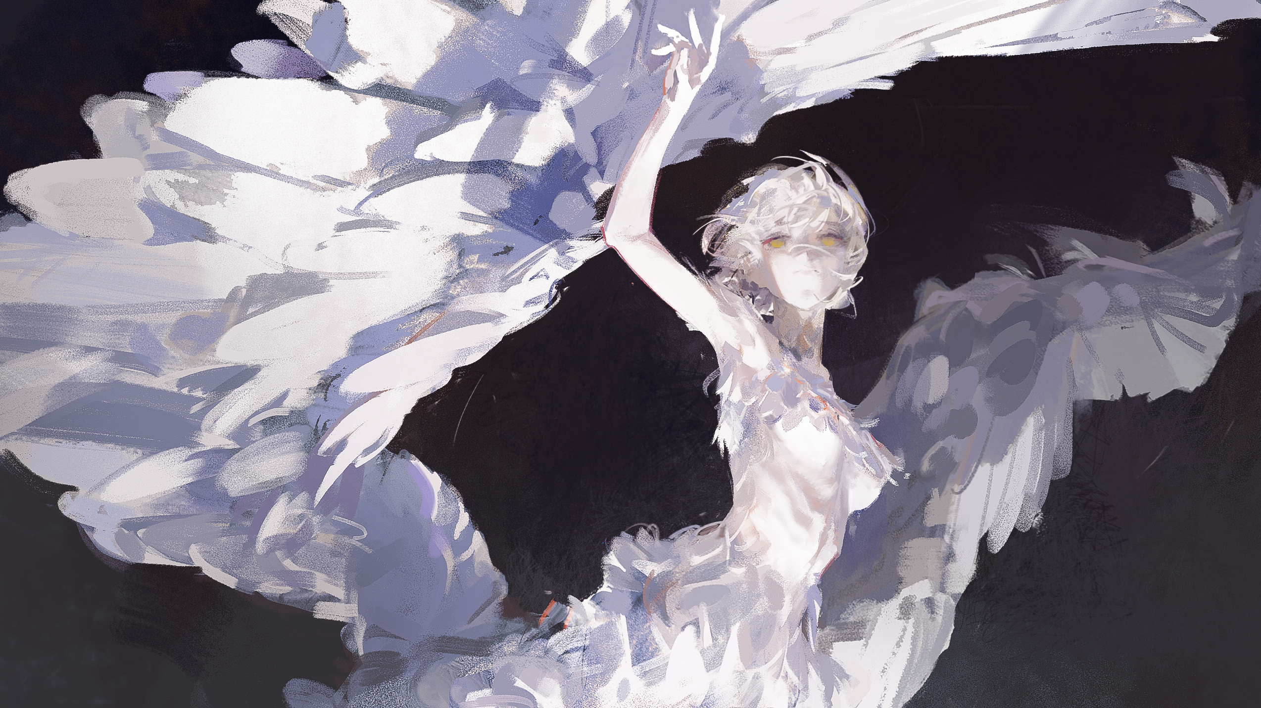 a digital painting of a woman with white wings and a white dress against a dark background. she is floating in the air, and her wings are spread wide. the painting is ethereal and dreamy, and it has a soft and delicate feel.