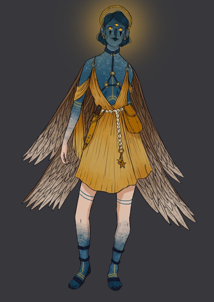 this digital illustration features a celestial being, possibly an angel, with blue skin and three eyes. she has large, feathered wings and a golden halo above her head. she wears a flowing yellow dress with a belt and pouch, and her body is adorned with celestial motifs like stars and constellations.  her overall appearance evokes an ethereal and mystical feeling.