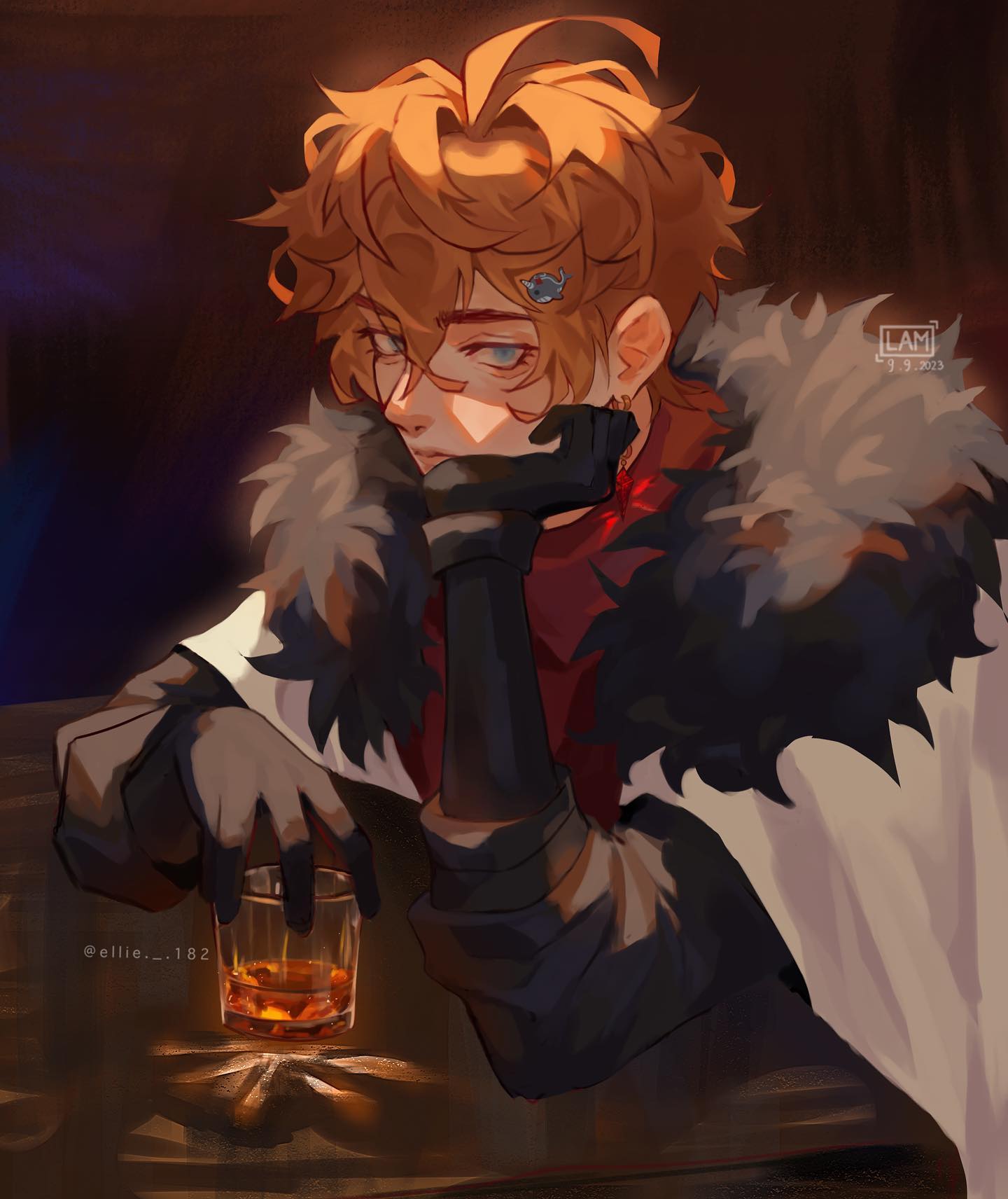 the image is a digital painting of a young animestyle male character. he has curly blond hair, glasses, and is wearing a darkcolored outfit with a large fur collar and gloves. he has a pensive expression and his hand is resting on his chin. he appears to be sitting at a bar and is holding a glass of amber liquid, possibly whiskey. the overall atmosphere is moody and mysterious, with dim lighting and a focus on the character's expression and attire. the art style is painterly and slightly stylized, with a focus on creating a visually appealing and evocative image. the artist's signature or watermark is visible in a corner of the artwork.