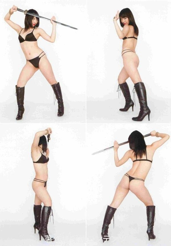 the image features a woman in a black bra and thong, and thighhigh boots, posing with a sword in a studio setting. she is shown in four different poses, demonstrating her swordsmanship.  the white background and professional lighting suggest this is a reference photo for artists.