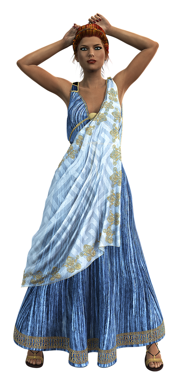 a fullbody portrait of a woman with light skin and red hair, standing against a black background. she is wearing a long, blue and white dress with gold trim and detail, reminiscent of ancient greek or roman attire. her arms are raised above her head, and she is wearing sandals. there is jewelry in her hair, and a gold decorative accent on the front of her dress.