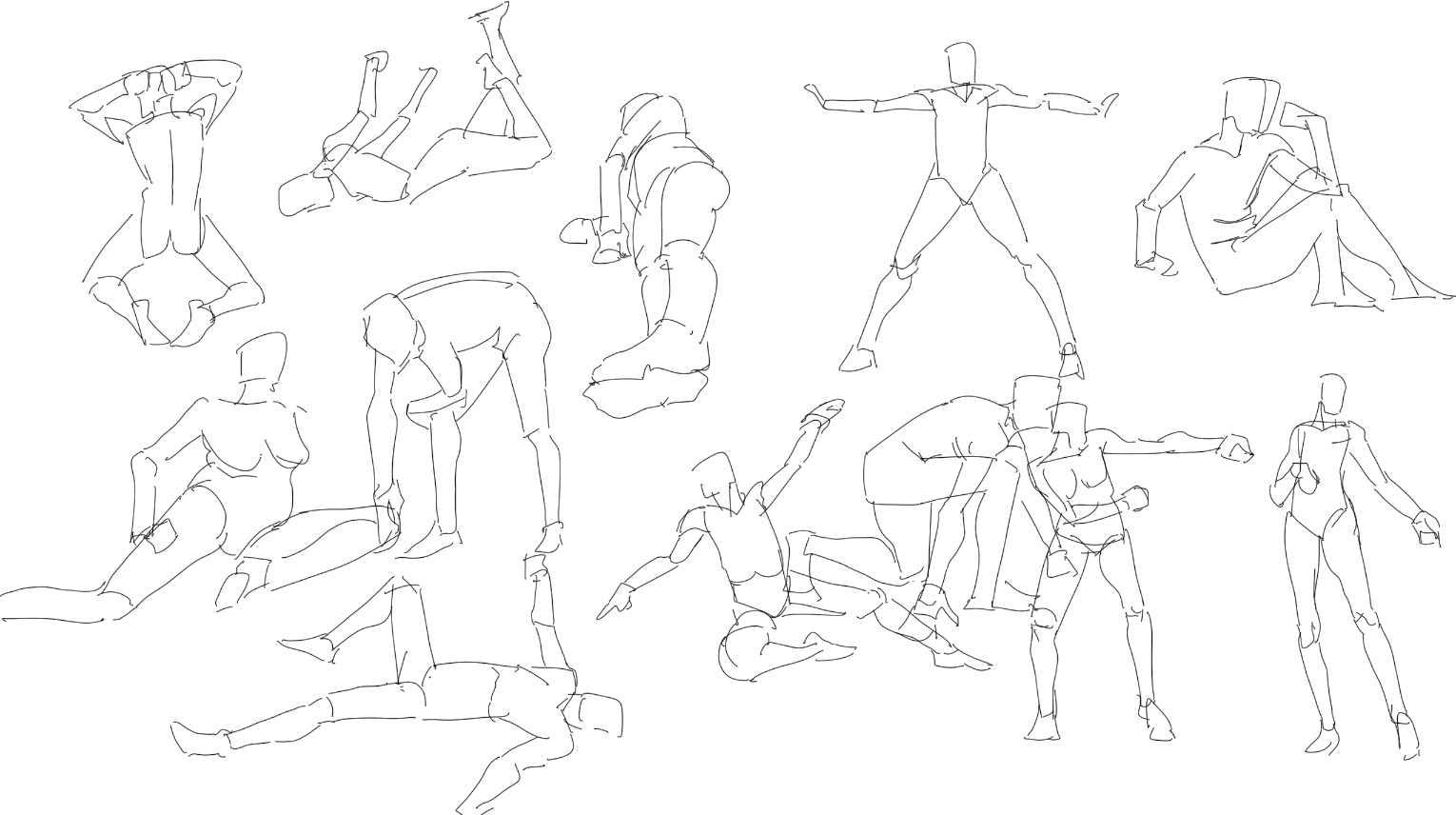 this is a collection of quick gesture drawings. they depict stylized figures in various poses and actions.